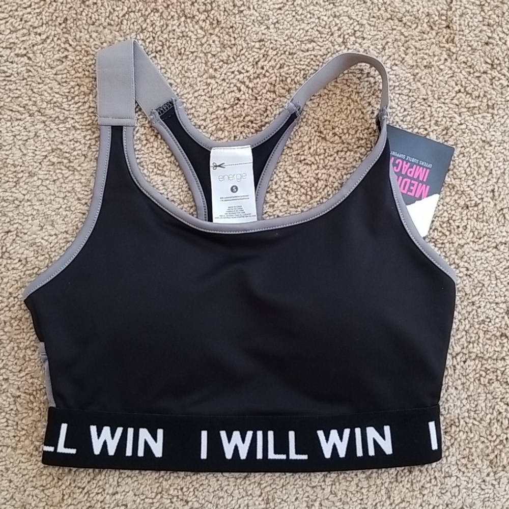 NWT! Energie Black with Grey Trim Sz S Sports Bra